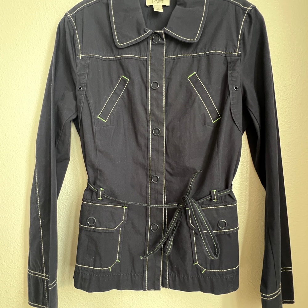 Women's Loft Navy Blue jacket with Green and white Stitching